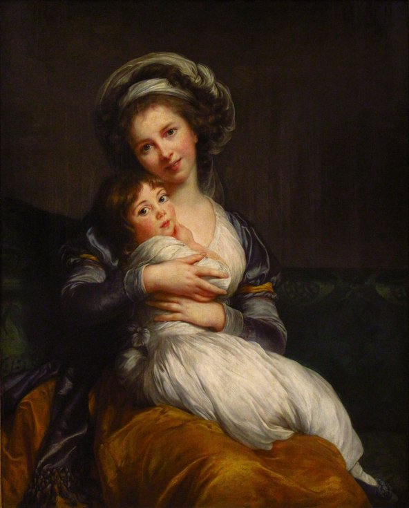 Self-portrait of Madame Vigée-Le Brun with her Daughter, Julie. Both the woman and her daughter are painted looking straight at the viewer and appear luminous with their pale faces and dresses against a dark background.