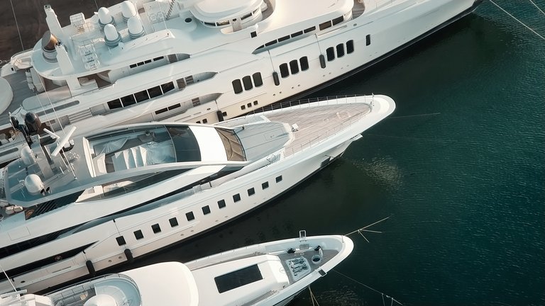 Aerial view of yachts moored in the Port Vell marina of Barcelona, Spain