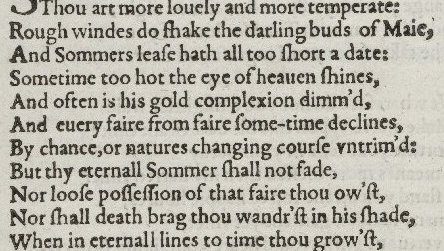 Close up of text of Shakespeare's Sonnet 18, beginning "Shall I compare thee to a summer's day?"