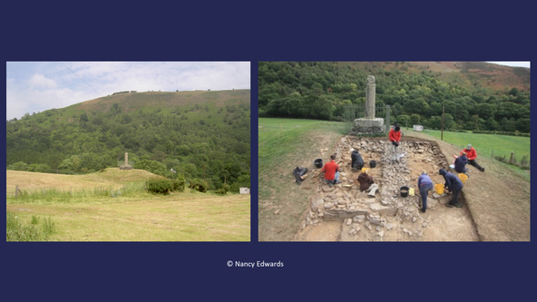 Two photographs, left showing the pillar, right showing a close-up of the pillar as it is being excavated by archaeologists.