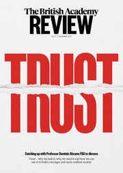 Cover of the British Academy Review, No. 37: large red text reads "trust" with a horizontal rip at the middle.