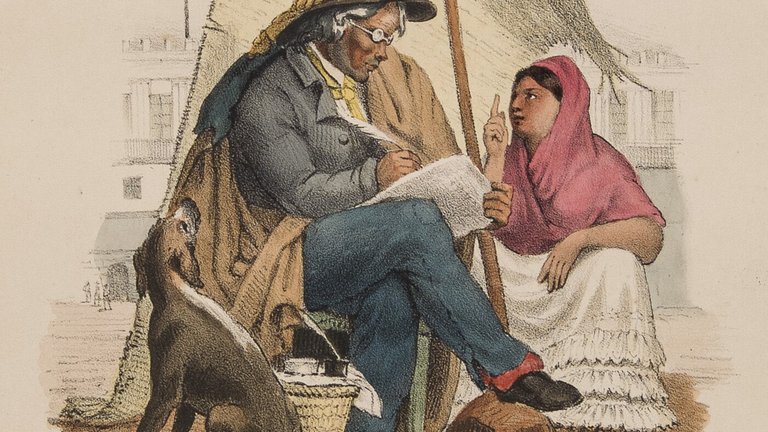 Illustration of a 19th-century Mexican woman kneeling before a seated man who is writing with a feather quill with a dog beside him