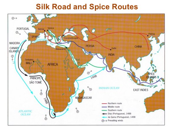 A map titled &#x27;Silk Road and Spice Routes&#x27;, showing the European, Asian and African continents with coloured lines indicating different trade routes.