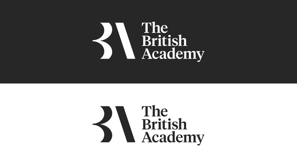 The British Academy logo in white on black and in black on white
